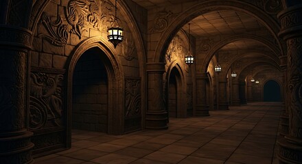 Fototapeta premium Dark medieval castle corridor with stone arches and glowing lanterns.