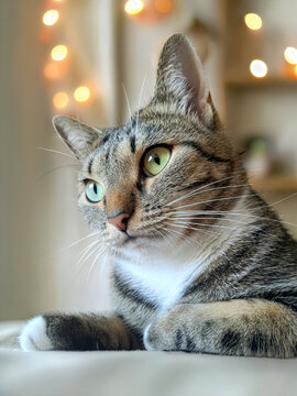 Close-up portrait of a beautiful tabby cat with expressive eyes on a cozy blurred studio background with fairy lights