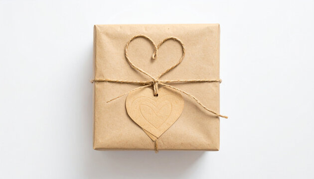 Brown Kraft Paper Gift with Heart Ornament on White Background
