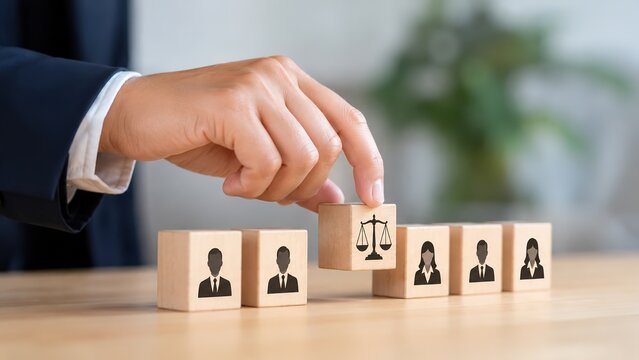 A skilled hand carefully positions a wooden block marked with a scale symbol alongside other blocks depicting silhouettes of individuals symbolizing justice law and the legal field in a contemporary o