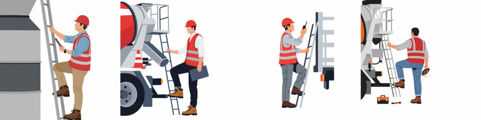 Fototapeta premium Vector illustration of construction workers in safety gear operating concrete mixer trucks, climbing ladders, and using digital tablets and walkie-talkies on white background.