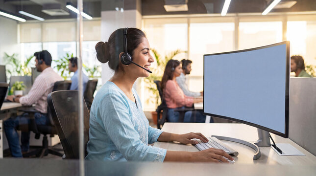 Indian female customer support agent wearing a headset while communicating with clients in a contemporary office environment.