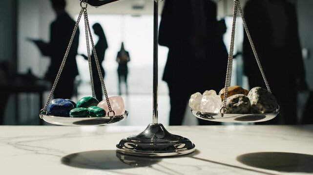 Balancing Business and Natural Resources on Scales of Justice with Silhouetted People