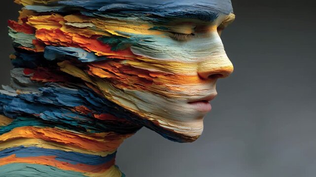Abstract human profile formed from colorful layered rock textures with dramatic studio lighting on dark background Concept of creativity and transformation
