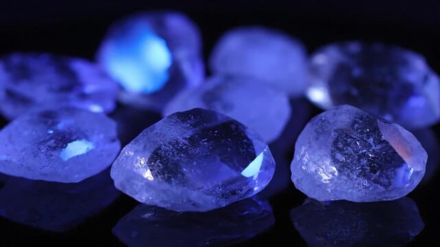 Glowing Blue Fluorescent Gemstones Under Ultraviolet Light.