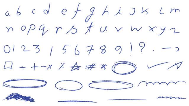 Handwritten alphabet and number doodle set, blue pen sketch lowercase font math symbols punctuation marks highlight circles checkmark and line underlines illustration