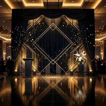 Elegant happy birthday event stage design with gold accents and black drapery