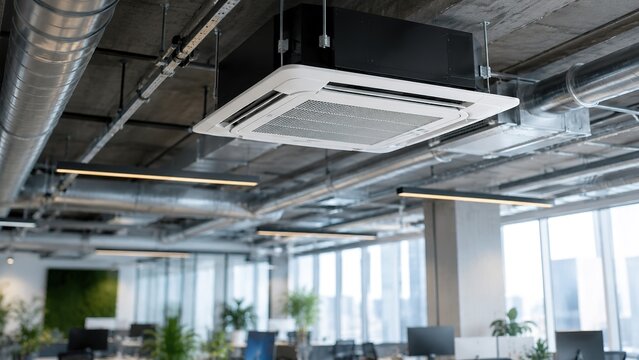 Modern office interior with exposed ductwork and air conditioning system showcasing a contemporary workspace design and efficient climate control for employee comfort and productivity