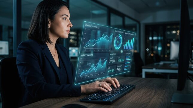 Businesswoman working at night, analyzing financial data on a glowing holographic interface