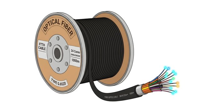 Isolated fiber optic cable spool with connector and coiled wire on transparent background
