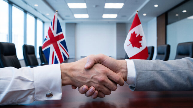UK Canada Relations, Strategic Partnership, Diplomatic Handshake, Generative AI business meeting representing bilateral cooperation international trade economic collaboration and foreign relations