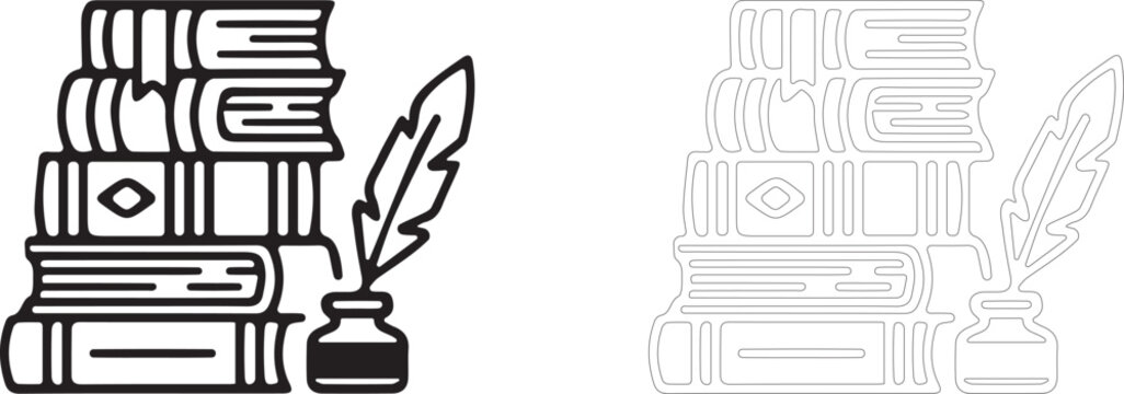 Ancient Magic Books Stack Line Art Element: Vector Illustration For Witchcraft Spell Logo Design