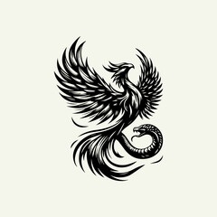 Fototapeta premium Stylized black and white illustration of a mythical phoenix bird and a serpent.