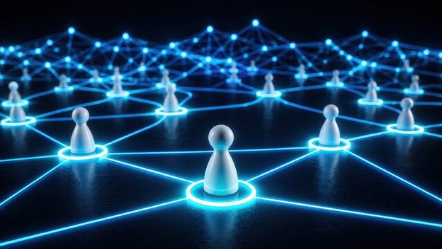 An artistic depiction of social interactions and networking showcasing white game pieces set against a dark backdrop linked by luminous blue lines representing digital communication and interpersonal 