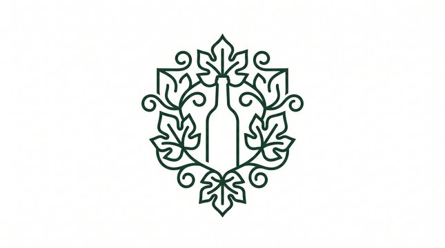 Elegant wine bottle graphic logo surrounded by stylized green vine leaves
