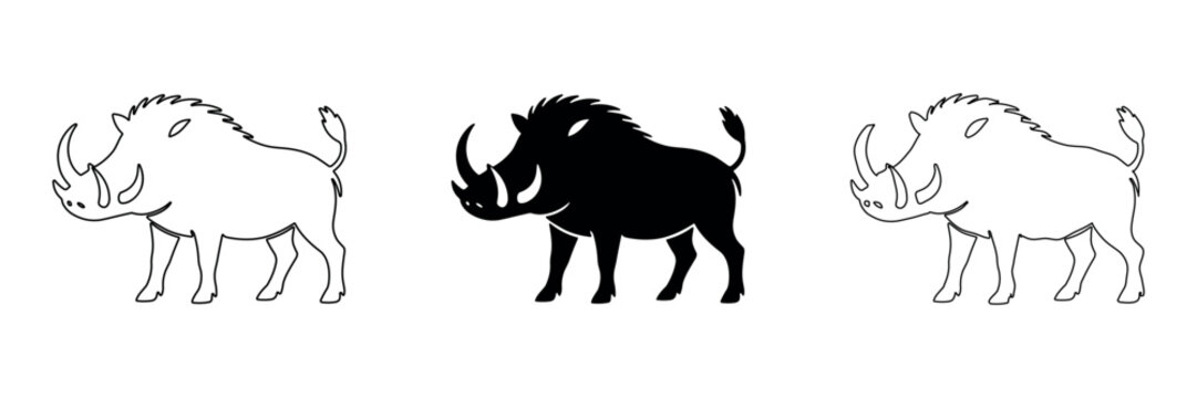 Collection of warthog icons in outline, solid, and hand-drawn styles
