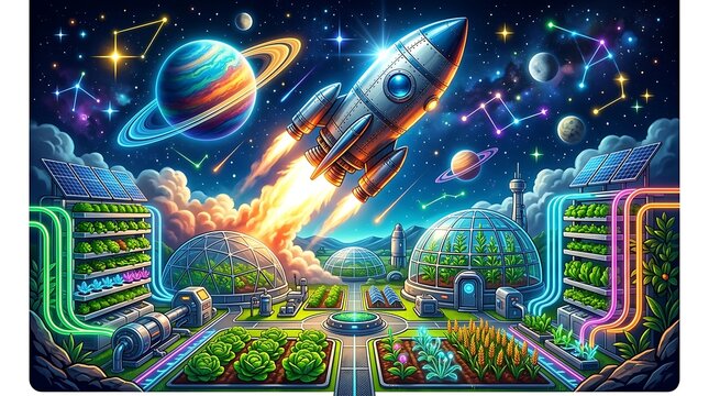 Rocket launching from a futuristic space colony with biodome farms