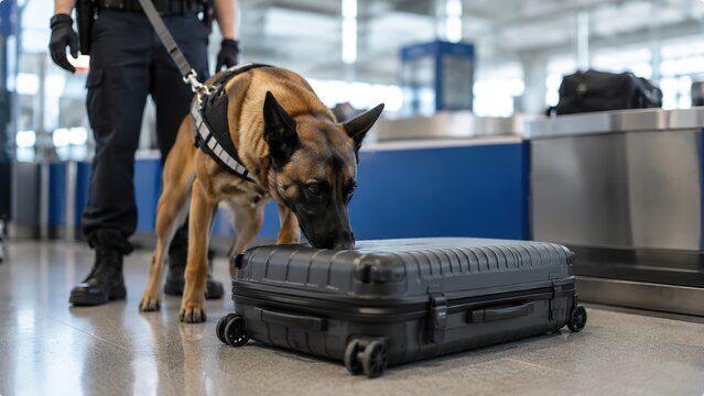 A skilled police dog inspecting a black suitcase at an airport security checkpoint highlighting the crucial function of canine units in maintaining safety and security in public environments