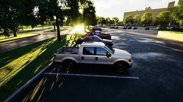 Silver pickup bathed in golden sunset, tailgate visible with chrome highlights, long evening shadows on pavement, dusty finish and travelready cargo, scattered