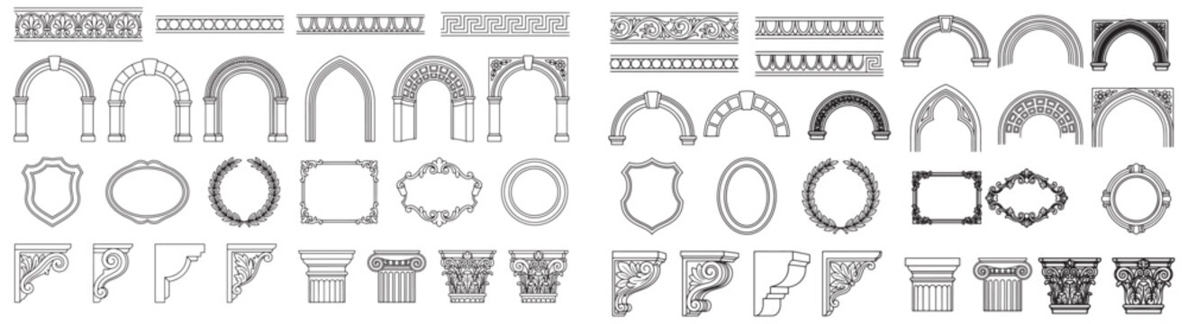 Set of Classic Architectural Ornaments: Arches, Columns, Cornices, Frames and Decorative Line Art