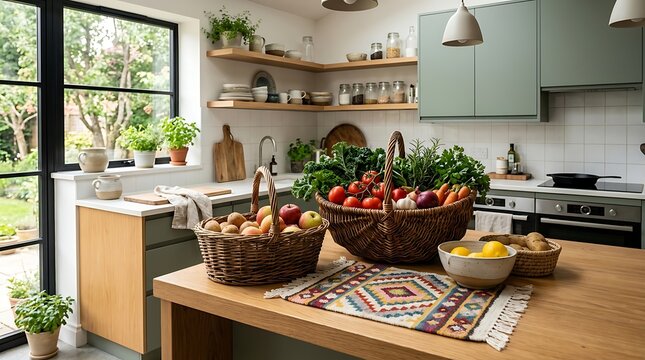 Fresh organic vegetables and fruit in baskets on a kitchen island