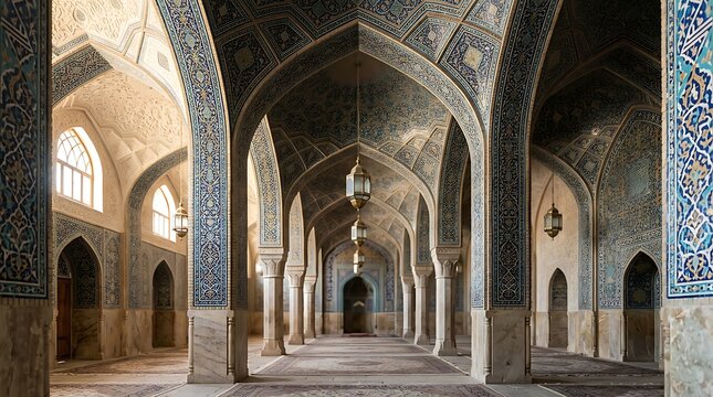 Arched interior of a historic mosque with intricate blue tile work