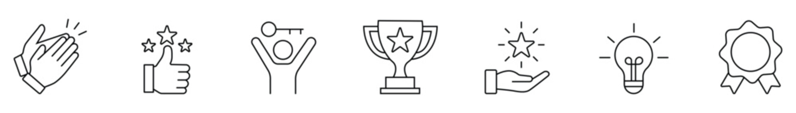 Success and achievement line icon set featuring winner trophy, reward star, creative idea, award medal, applause and top rating. editable stroke vector set.