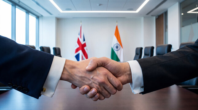 UK India Relations, Strategic Partnership, Trade Agreement, Generative AI diplomatic handshake representing bilateral cooperation international business economic collaboration and foreign relations