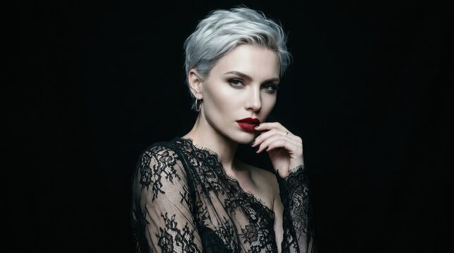 Woman with short silver hair and red lipstick wearing a black lace against dark background