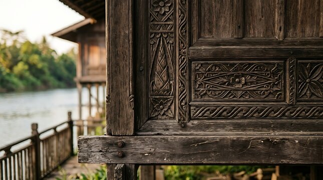 Detailed floral wood carvings on a traditional stilt house by a river