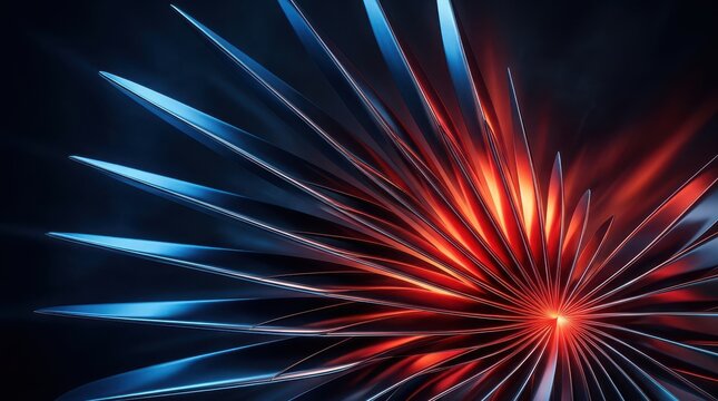 Abstract radial pattern of sharp metallic spikes with glowing red and blue light reflections