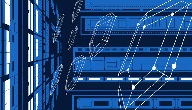 Data center server rack isometric abstract digital network with technology isometric computing