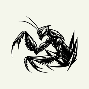 Stylized black and white illustration of a praying mantis insect.