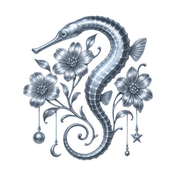 PNG Elegant silver seahorse with flowers
