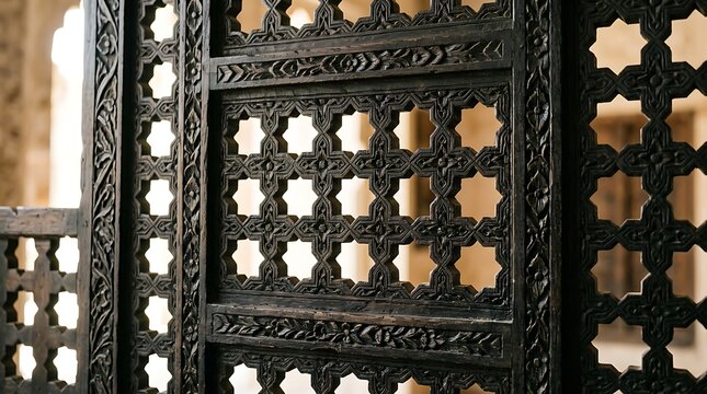 Close up of an ornate wooden lattice screen with geometric patterns