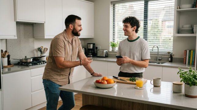 Two men talking in a bright white kitchen with a fruit bowl on a stone countertop island