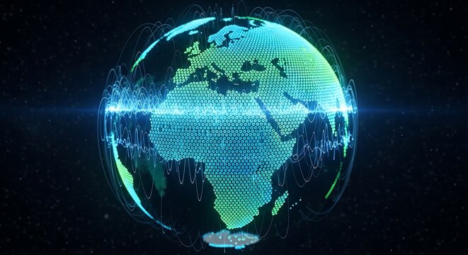 Digital holographic globe showing global network connection and data transfer.