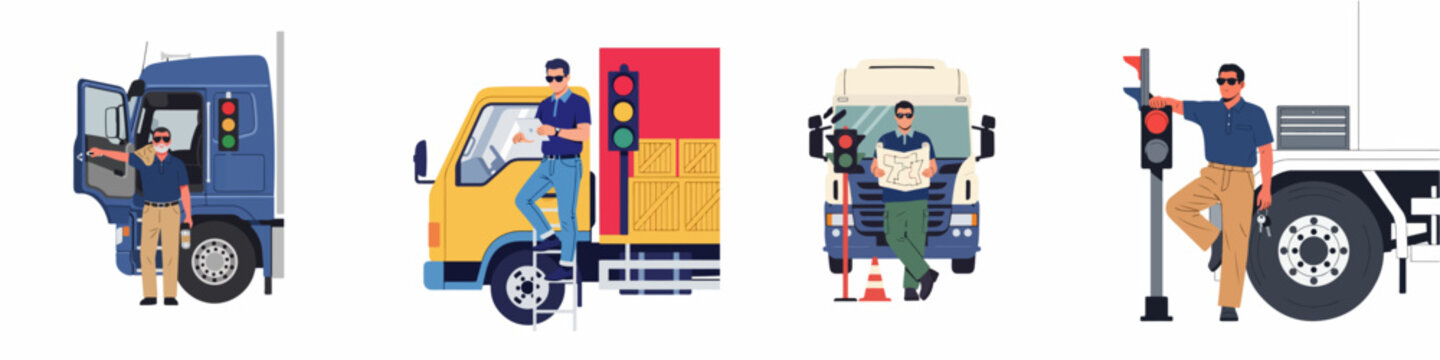 Set of professional truck drivers with their vehicles, maps, and logistics equipment, flat vector illustration isolated on white background.