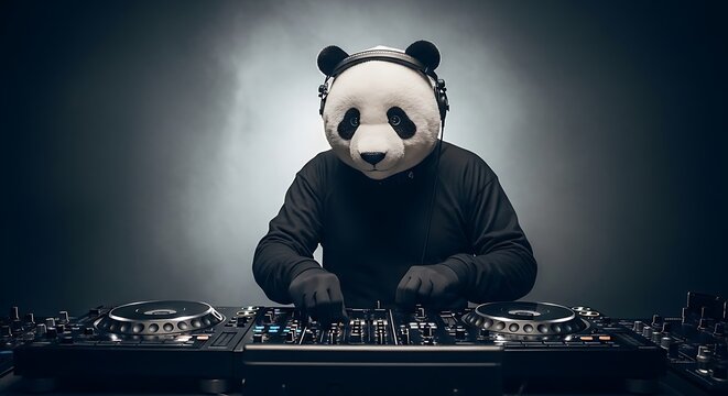 DJ wearing a panda mask mixing music on turntables in a dark studio.