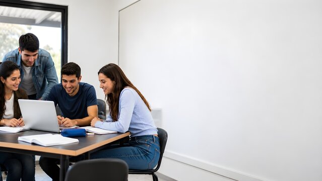 University students collaborating with laptop during classroom study session with copy space for education concept