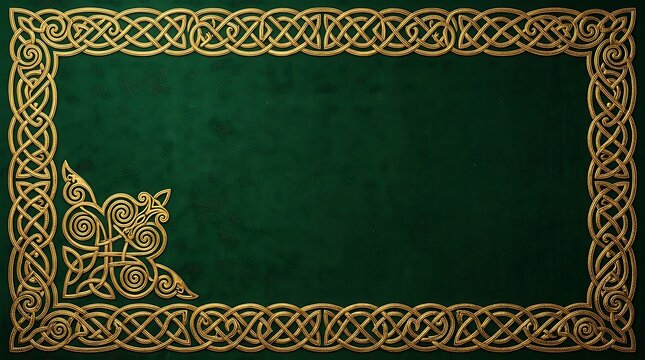 Celtic knotwork golden border on textured dark green background