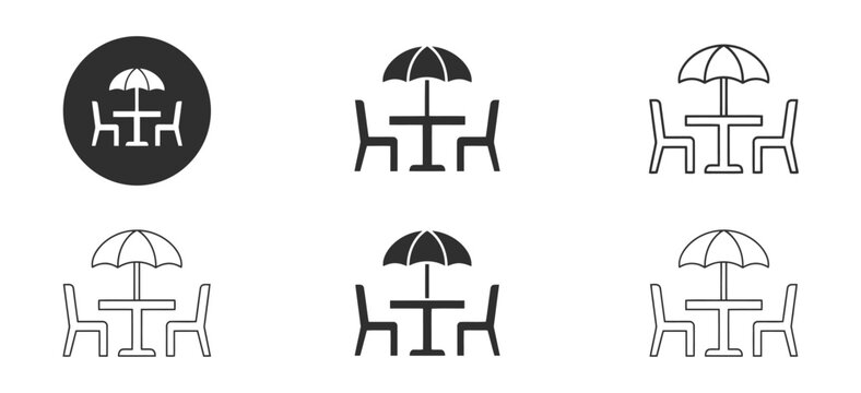 Outdoor seating with umbrellas icon set featuring flat line and glyph style vector graphics for restaurant terrace cafe patio and hospitality UI design