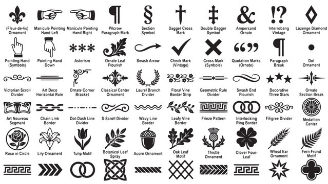 Vintage ornamental dingbat symbol set labeled retro vector