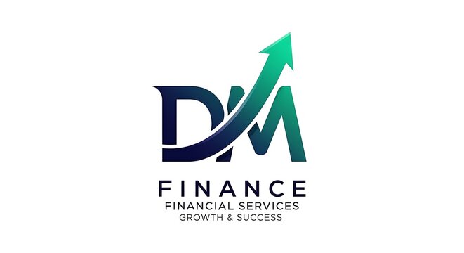 DM finance logo design with upward growth arrow for financial services.