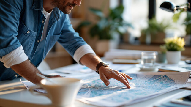 Faceless developer examining a detailed land plot map and cadastre plan on a bright desk urban planning real estate development property with copy space