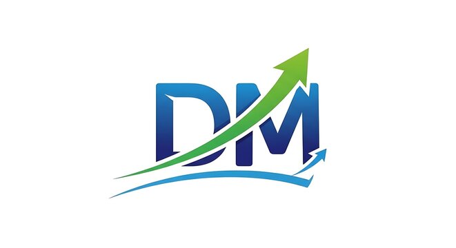 DM letter logo with green growth arrow representing financial success and business progress.
