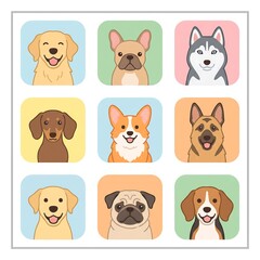 Naklejka premium Colorful cartoon dog breeds in rounded squares on a white background with pastel colors