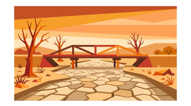 Serene autumn landscape featuring a wooden bridge over a cracked dry riverbed with leafless trees and an orange-tinted sky