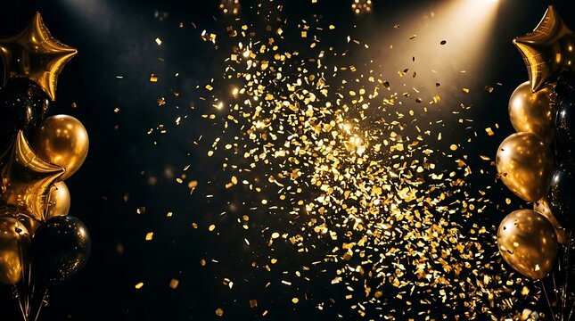 Happy birthday celebration gold balloons and confetti on black background