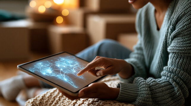 Faceless person sitting on the floor beside moving boxes using a tablet to check a delivery route on a bright glowing map relocation logistics planning with copy space